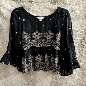American Eagle Outfitters Embroidered Black Top, XS